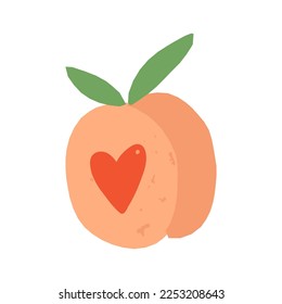 Cute retro-style peach fruit with a heart tattoo. Funny Valentine's Day vintage-style fruit vector isolated illustration.