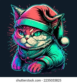 Cute Retrowave Cat with christmas hat, isolated. christmas theme kitten set. cute Retrowave kitten.for copy space and design assest. hand drawen cute Retrowave cat cartoon style sticker.tshirt design