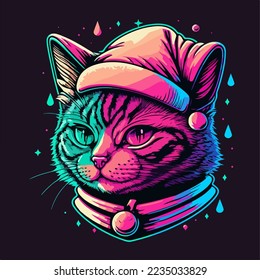 Cute Retrowave Cat with christmas hat, isolated. christmas theme kitten set. cute Retrowave kitten.for copy space and design assest. hand drawen cute Retrowave cat cartoon style sticker.tshirt design