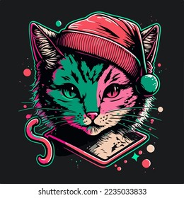 Cute Retrowave Cat with christmas hat, isolated. christmas theme kitten set. cute Retrowave kitten.for copy space and design assest. hand drawen cute Retrowave cat cartoon style sticker.tshirt design