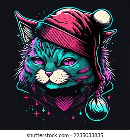 Cute Retrowave Cat with christmas hat, isolated. christmas theme kitten set. cute Retrowave kitten.for copy space and design assest. hand drawen cute Retrowave cat cartoon style sticker.tshirt design