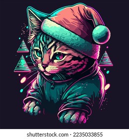 Cute Retrowave Cat with christmas hat, isolated. christmas theme kitten set. cute Retrowave kitten.for copy space and design assest. hand drawen cute Retrowave cat cartoon style sticker.tshirt design