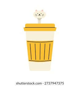 Cute reusable coffee cup with cat lid and straw, yellow travel mug for kids