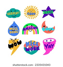 Cute reward stickers for children. Bright, colorful encouragement labels for good work. School feedback labels with cute wetaher themed characters and text.