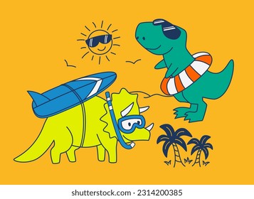 cute rex and triceratops dinosaurs with surfboard, goggles and float, enjoying the beach on orange background