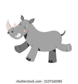 Cute rhino, african safari animal, jumping and smiling wild mammal with horns, african cartoon vector illustration isolated on white, print or sticker for nursery