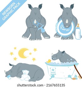 Cute rhino baby bpy celebrating newborn isolated on white background - vector illustration set collection