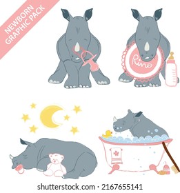 Cute rhino baby girl celebrating newborn isolated on white background - vector illustration set collection