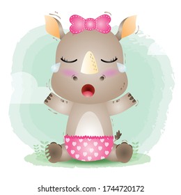 cute rhino baby girl in the children's style. cute cartoon rhino baby girl vector illustration