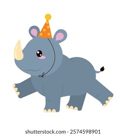 cute rhino with birthday hat isolated