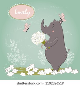 Cute Rhino and a bouquet of flowers. Postcard, vintage. For printing on clothes. Cartoon.