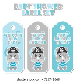 Cute rhino boy on pirates toys background vector cartoon illustration for baby shower label set design, banner set and postcard design