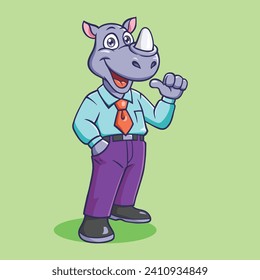 Cute Rhino as a businessman cartoon character vector Illustration. Animal professions.