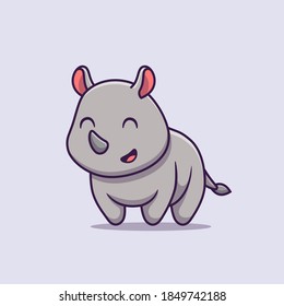 Cute Rhino Calf Smiling Cartoon Vector Icon Illustration. Animal Nature Icon Concept Isolated Premium Vector. Flat Cartoon Style