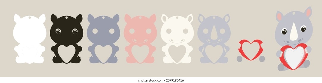 Cute rhino candy ornament. Layered paper decoration treat holder for dome. Hanger for sweets, candy for birthday, baby shower, valentine days. Print, cut out, glue. Vector stock illustration