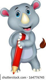 Cute rhino cartoon holding pencil