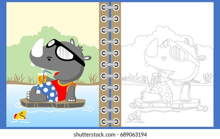 Cute rhino cartoon holding soft drink relaxing in the swamp with little fish, coloring book or page