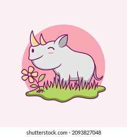 Cute Rhino Cartoon Icon Illustration. Animal Flat Cartoon Style