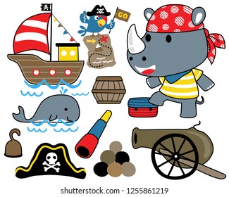 Cute rhino cartoon in pirate costume with pirate sailing elements