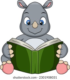 Cute rhino cartoon reading a book