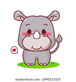 Cute Rhino Cartoon Vector Illustration. Adorable Kawaii Animal Character Icon Mascot Concept Design. Isolated White Background.