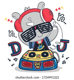 Cute rhino cartoon wearing headphones and playing music on a turntable isolated on white background illustration vector, Print for children wear.