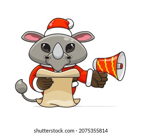 cute rhino cartoon, wearing santa costume holding megaphone and reading script, cute animal character wearing christmas costume, front view. kawaii and simple style, suitable for christmas content