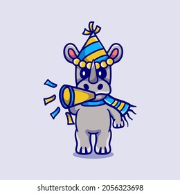 cute rhino celebrates the new year by blowing the trumpet, suitable for new year t-shirt design or cute animal new year mascot