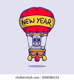 cute rhino celebrates new year on hot air balloon, suitable for t-shirt designs or mascots celebrating the new year