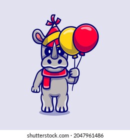 cute rhino celebrating happy new year or birthday with balloons, suitable for t-shirt and mascot design about new year or birthday