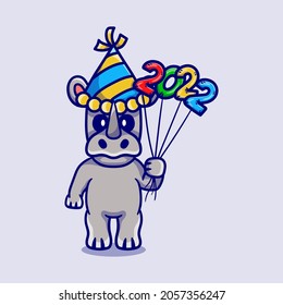 cute rhino celebrating new year with 2022 balloons, suitable for t-shirt design or cute animal new year mascot