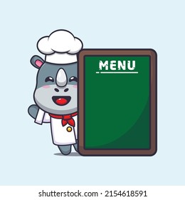 cute rhino chef mascot cartoon character with menu board
