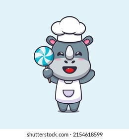 cute rhino chef mascot cartoon character holding candy