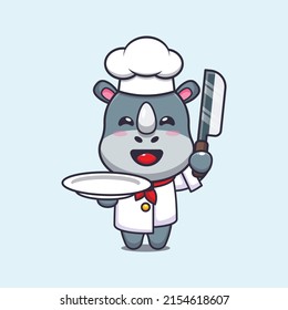 cute rhino chef mascot cartoon character with knife and plate