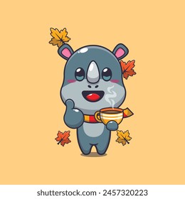 Cute rhino with coffee in autumn season. Mascot cartoon vector illustration suitable for poster, brochure, web, mascot, sticker, logo and icon.
