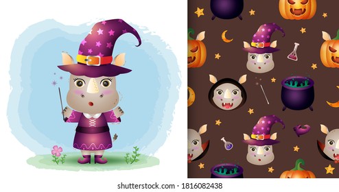 a cute rhino with costume halloween character collection. seamless pattern and illustration designs