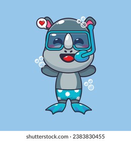 Cute rhino diving cartoon mascot character illustration. Cute summer cartoon illustration. 