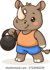 Rinoceronte bonito fazendo exercícios de kettlebell. Ilustração de aptidão animal de desenho animado.