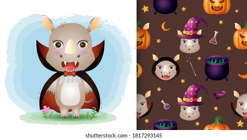 a cute rhino with dracula costume halloween character collection. seamless pattern and illustration designs