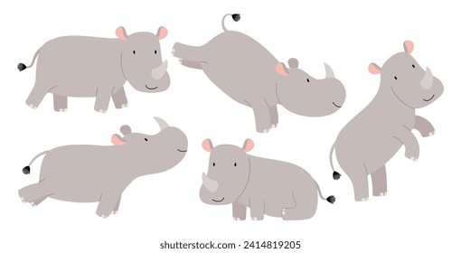 Cute rhino drawing  cartoon character flat vector illustrations set.