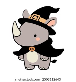 Cute Rhino Dressed as a Witch with Halloween Hat and Cloak isolated on white background.