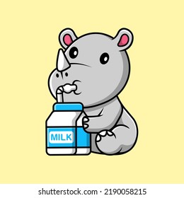 Cute Rhino Drink Milk Cartoon Vector Icon Illustration. Animal Flat Cartoon Concept
