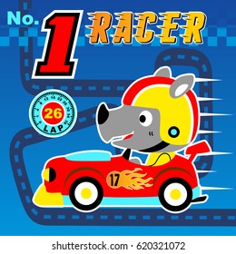 Cute rhino driving racing car on track, vector cartoon illustration