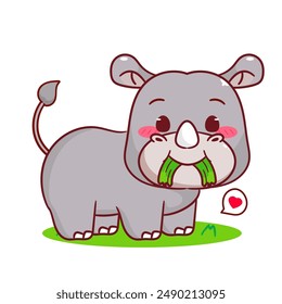 Cute Rhino Eating Grass Cartoon Vector Illustration. Adorable Kawaii Animal Character Icon Mascot Concept Design. Isolated White Background.