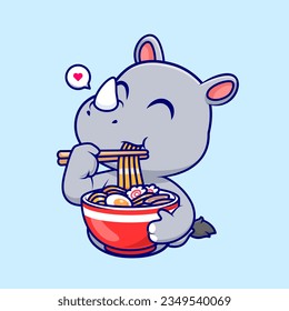 Cute Rhino Eating Ramen Noodle Cartoon Vector Icon Illustration. Animal Food Icon Concept Isolated Premium Vector. Flat Cartoon Style