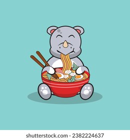 Cute rhino eating ramen noodle vector cartoon flat illustration