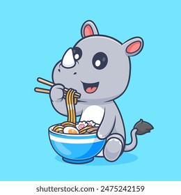 Cute Rhino Eating Ramen Noodle Cartoon Vector Icon Illustration. Animal Food Icon Concept Isolated Premium Vector. Flat Cartoon Style