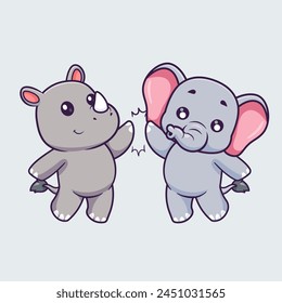 Cute Rhino And Elephant High Five Cartoon Vector Icon Illustration. Animal Nature Icon Concept Isolated Premium Vector. Flat Cartoon Style