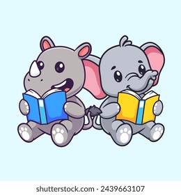 Cute Rhino And Elephant Reading Book Cartoon Vector Icon Illustration. Animal Education Icon Concept Isolated Premium Vector. Flat Cartoon Style