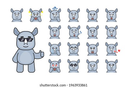 Cute rhino emoticons, emojis collection. Rhino avatars showing various emotions. Modern vector illustration